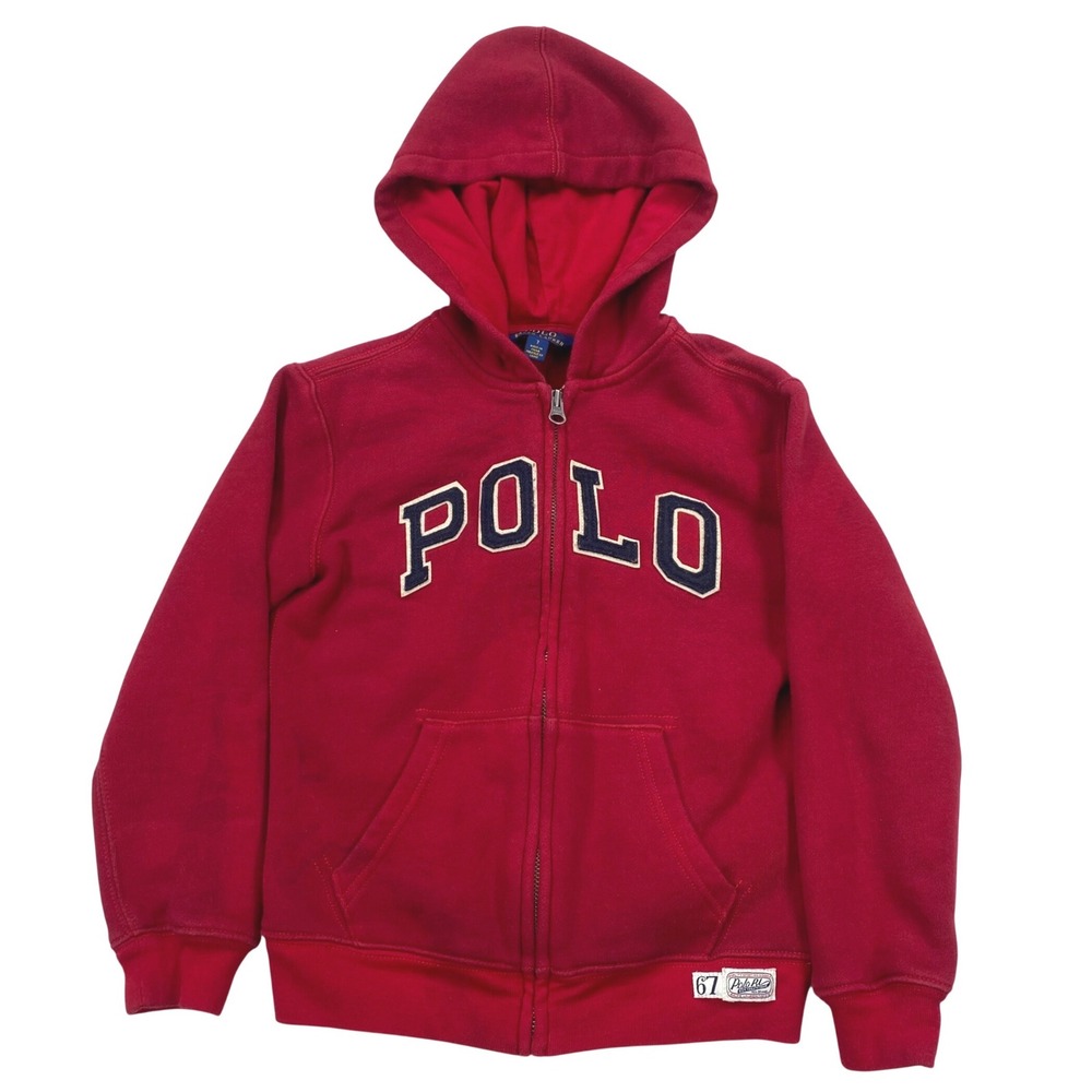 Polo Ralph Lauren Zip Hoodie Kids Size 7 Red Chenille Logo Fleece Jacket (Read)